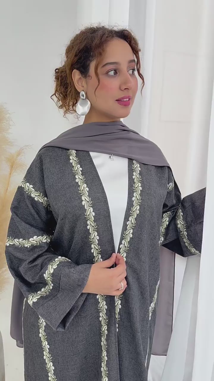 Maren Embroidered Open Front Abaya Kaftan-LightGrey