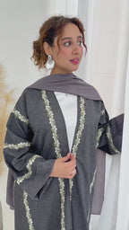 Maren Embroidered Open Front Abaya Kaftan-LightGrey