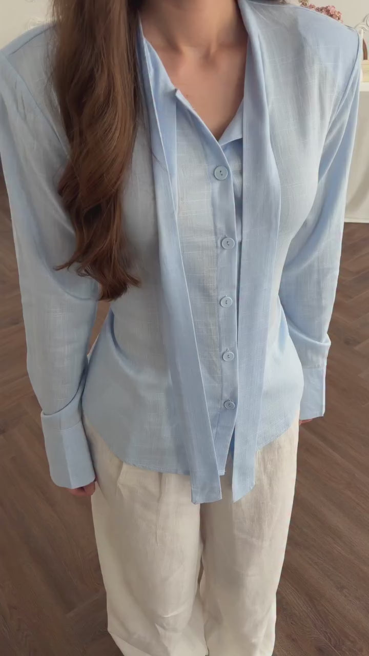 Isabella Linen Tie Blouse Shirt-Blue