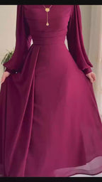 Burgundy High-Neck Bishop Sleeve Maxi Dress