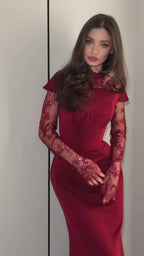 Elena Beaded Lace Mermaid Dress-Red