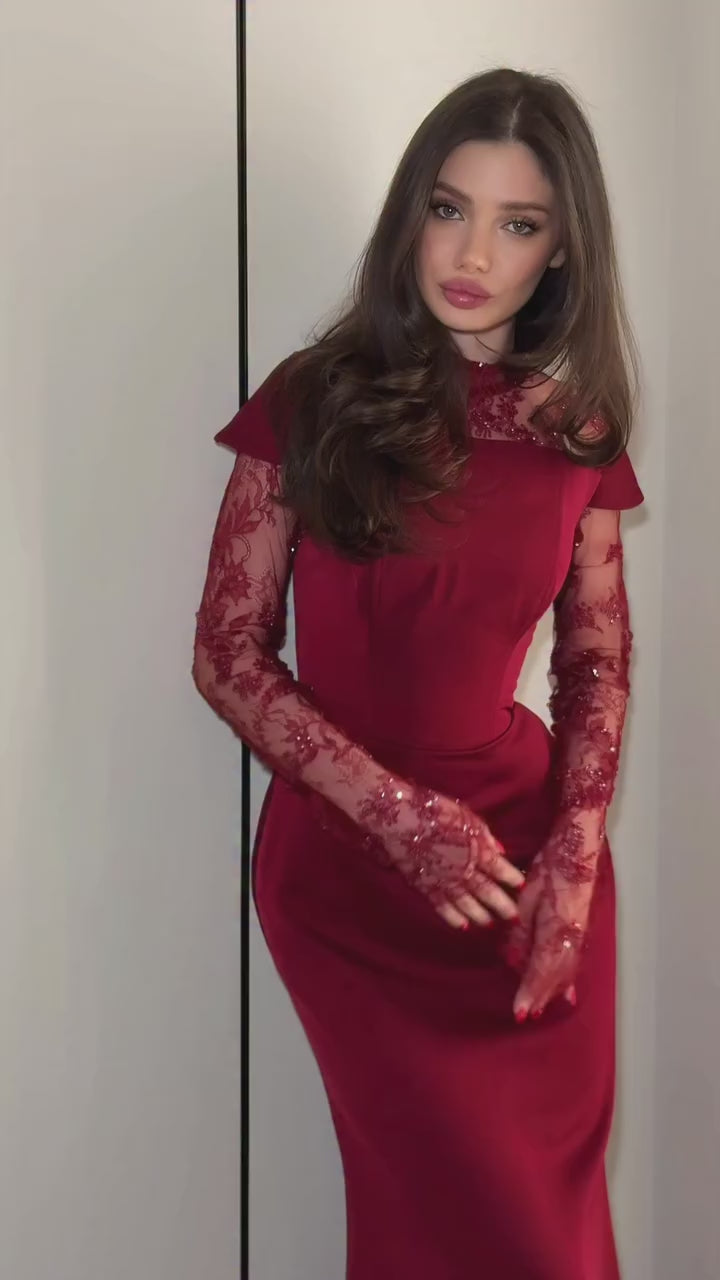 Elena Beaded Lace Mermaid Dress-Red