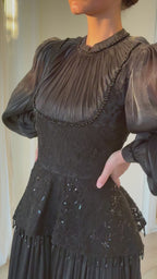 Lace Peplum Pleated Maxi Dress-Black