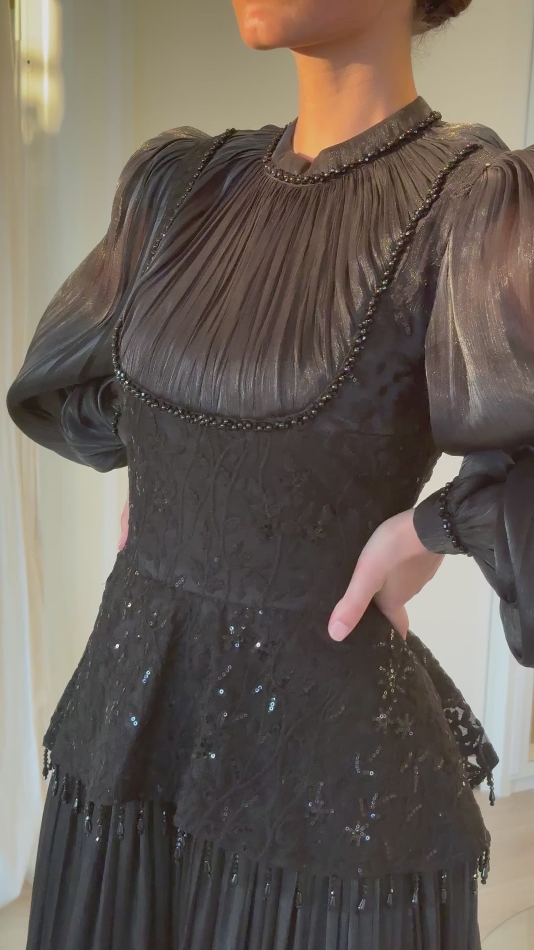 Lace Peplum Pleated Maxi Dress-Black