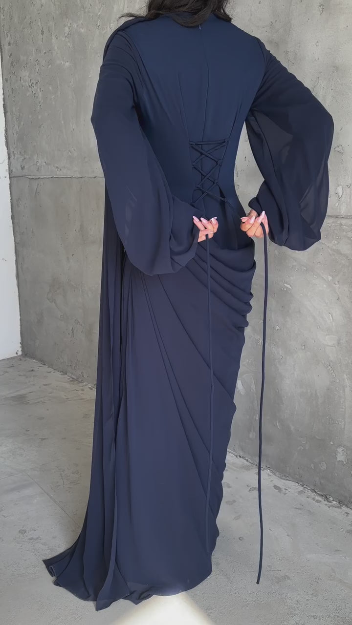Aisha Floral Embroidered Draped Maxi Dress-Blue