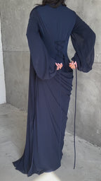 Aisha Floral Embroidered Draped Maxi Dress-Blue