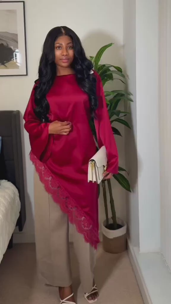 Lace-Trimmed Asymmetric Satin Modest Tunic-DarkRed