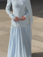 Elegant Peplum Maxi Dress with Crystal Scalloped Trim-Blue