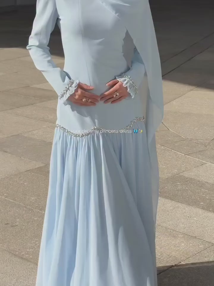 Elegant Peplum Maxi Dress with Crystal Scalloped Trim-Blue