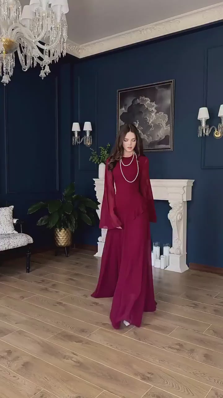 Elegant Luxury Lightweight Long Sleeve Maxi Dress-Red