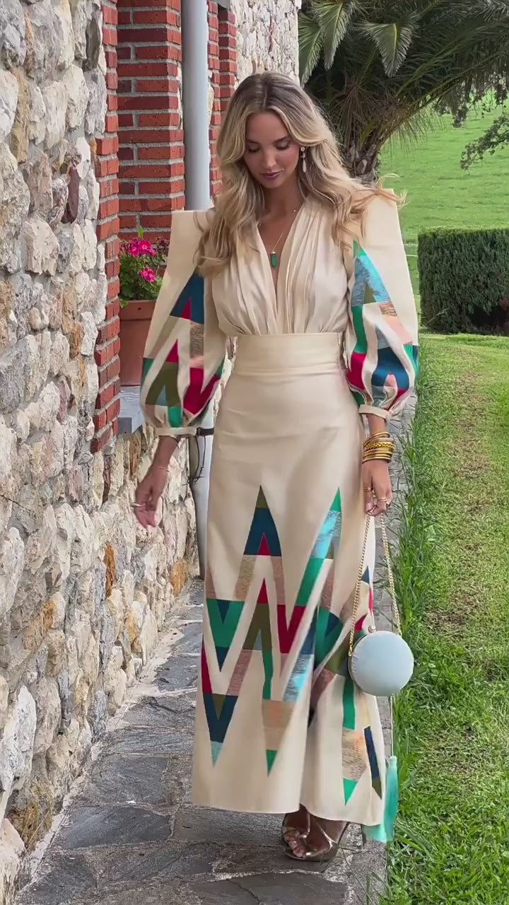 Elsa Geometric Print Puff Sleeve Maxi Dress