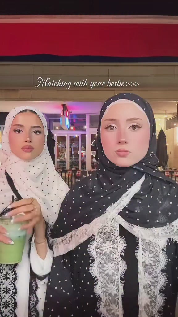 Nadia Lace‑Trimmed Polka‑Dot Abaya Set-Black