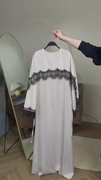 Lace-Trimmed Cape Overlay Modest Maxi Dress-Grey
