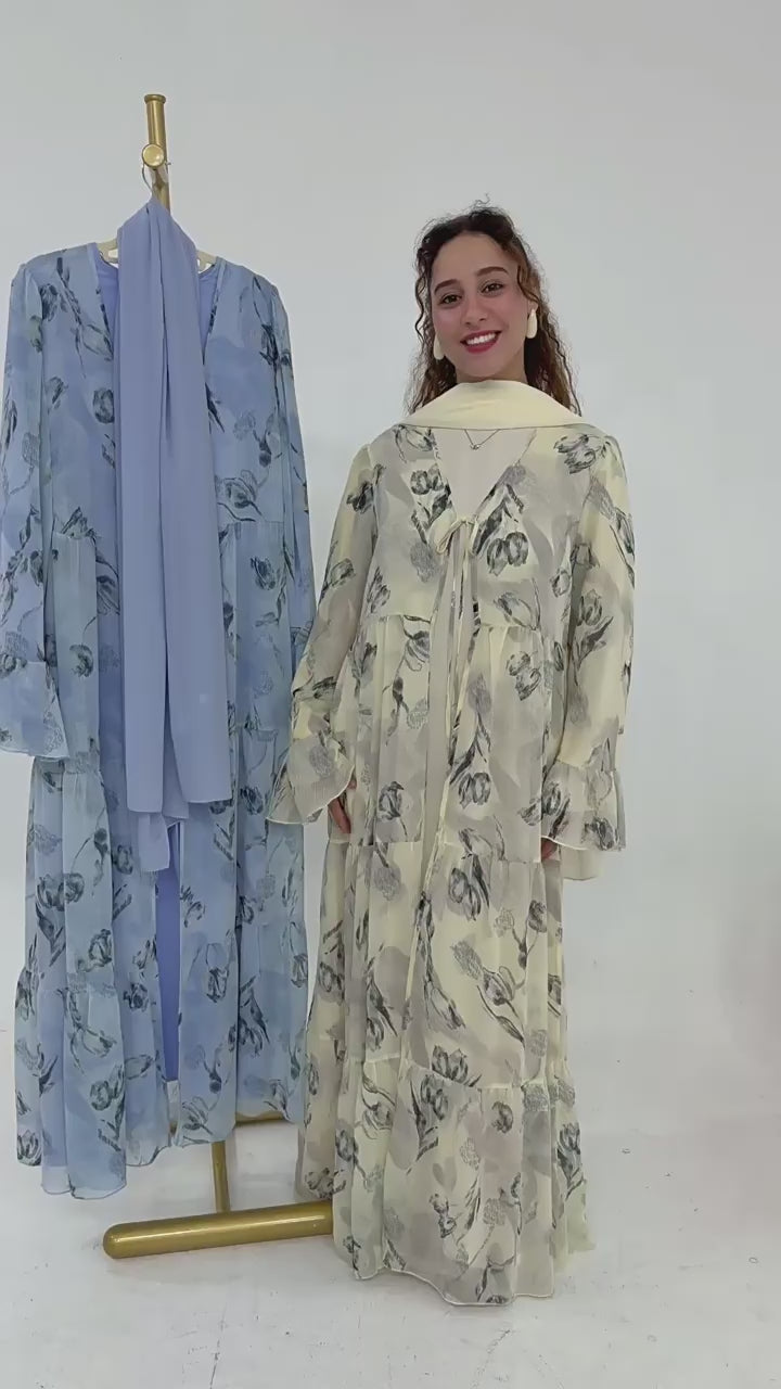 Elowen Floral Tiered Open Abaya-Apricot