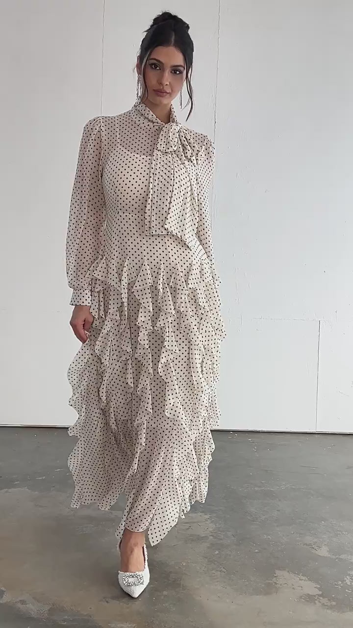 Polka Dot Mock-Neck Midi Dress-Apricot