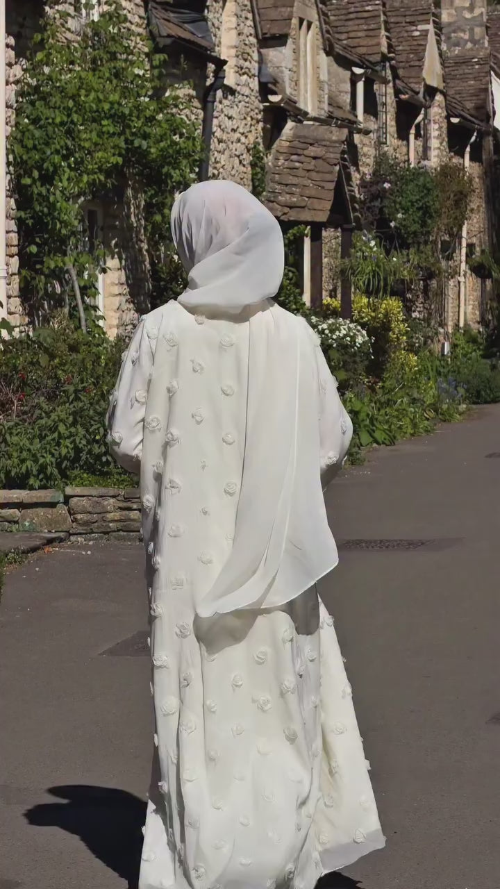 3D Floral Applique Open Abaya & Matching Hijab Two-Piece Set-White