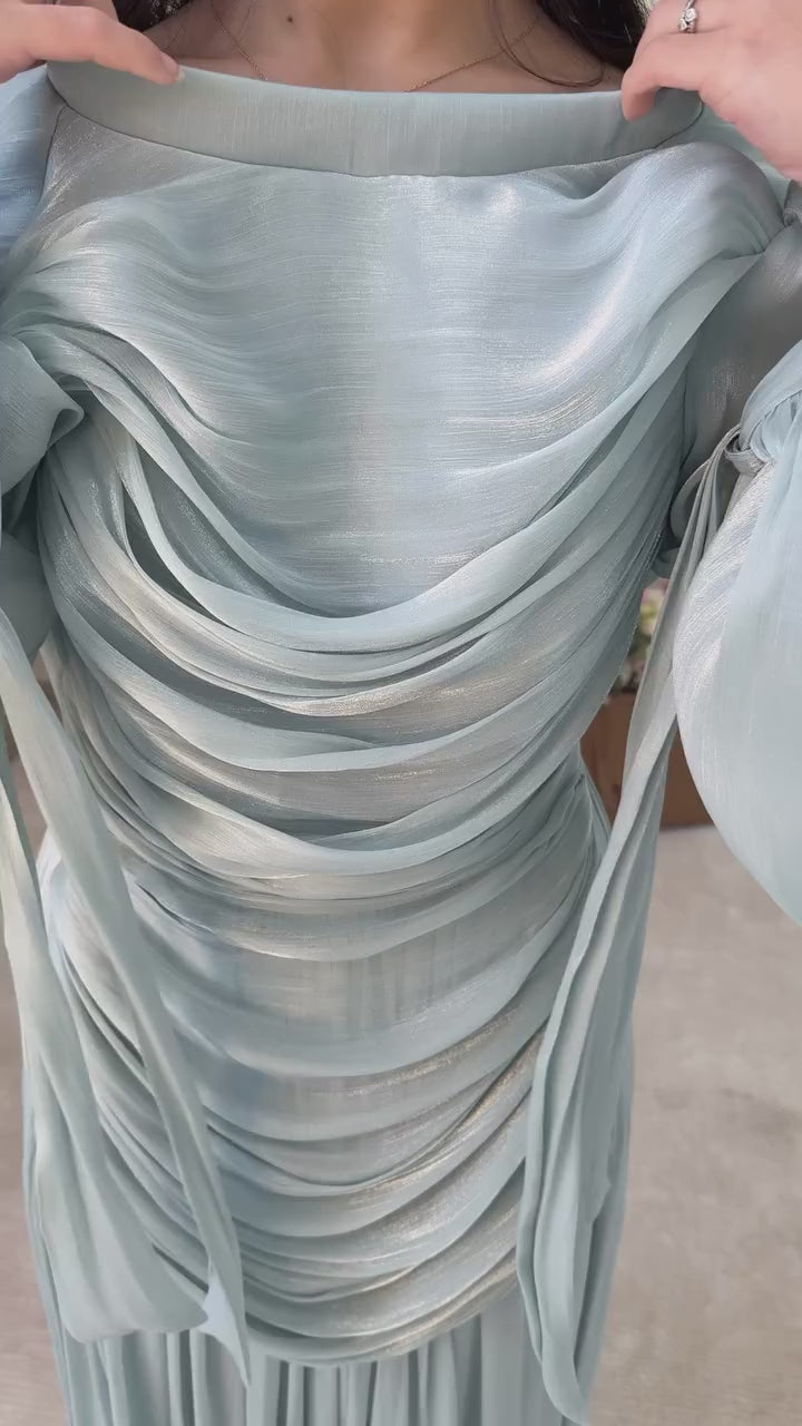 Dina Tie Cuff Draped Pleated Maxi Dress-Blue
