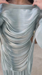 Dina Tie Cuff Draped Pleated Maxi Dress-Blue