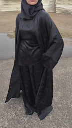 Mara Floral Satin Three‑Piece Abaya Suit-Black