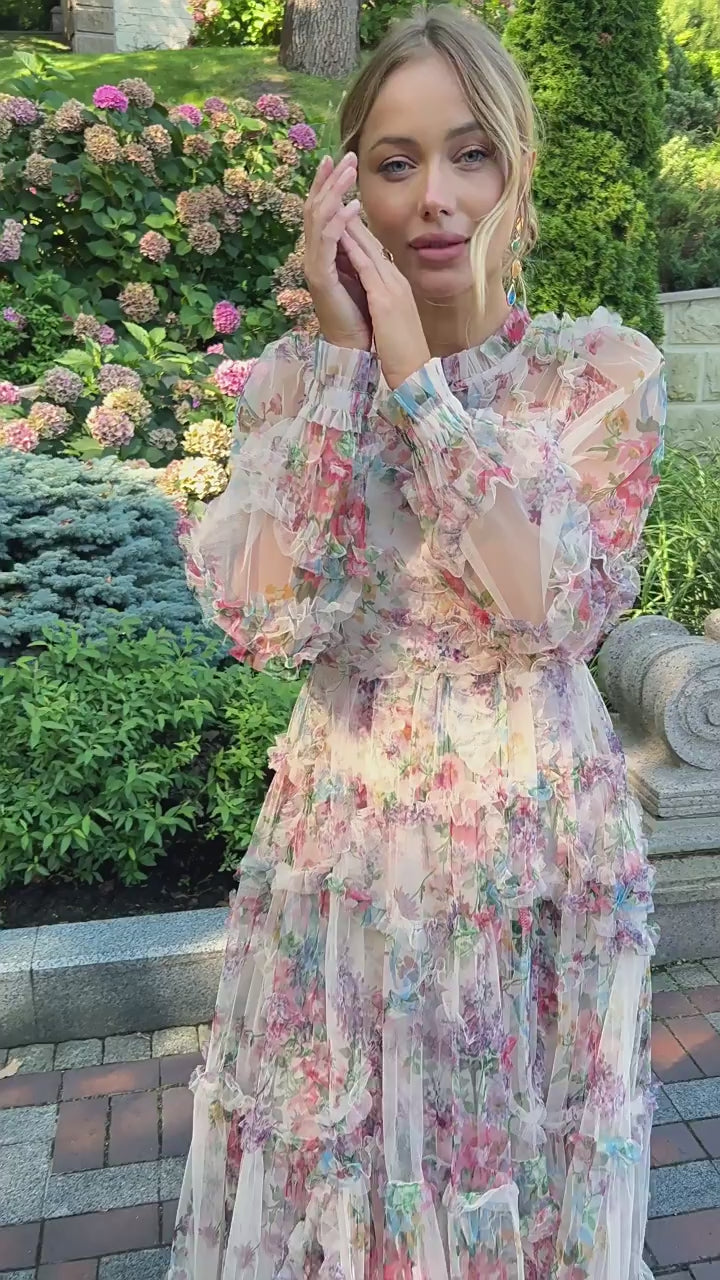 Candice Floral Ruffled Tulle Midi Dress-Apricot