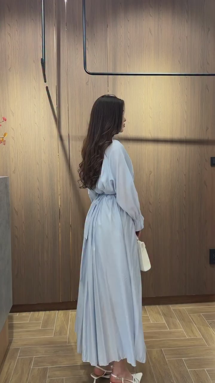 Sophia Luminous Ruched Waist Maxi Dress-Blue