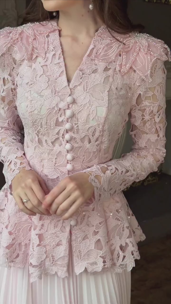 Romantic Chantilly Lace Peplum Set-Pink