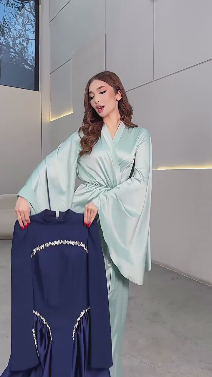 Maya Pearl Trim High Neck Gathered Maxi Dress-DarkBlue