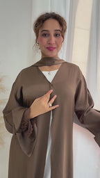 Basma Lace Cuff Stand Collar Long Abaya-Grey