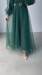 Tulle Overlay Modest Maxi Dress-Green