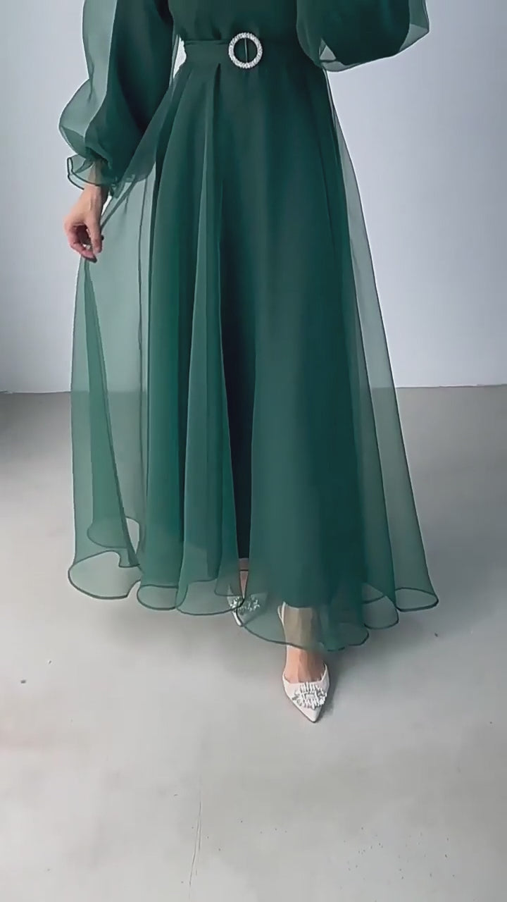 Tulle Overlay Modest Maxi Dress-Green
