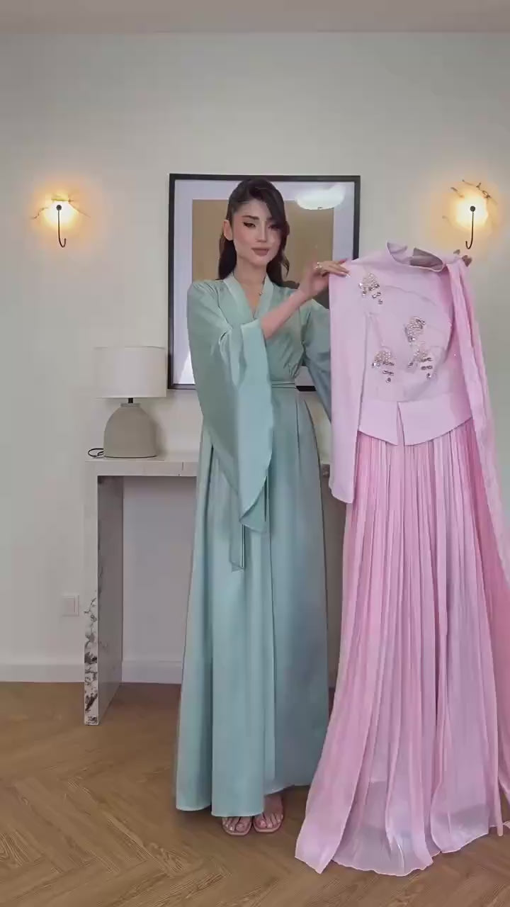 Yara Beaded Cape Peplum Pleated Maxi Dress-Pink
