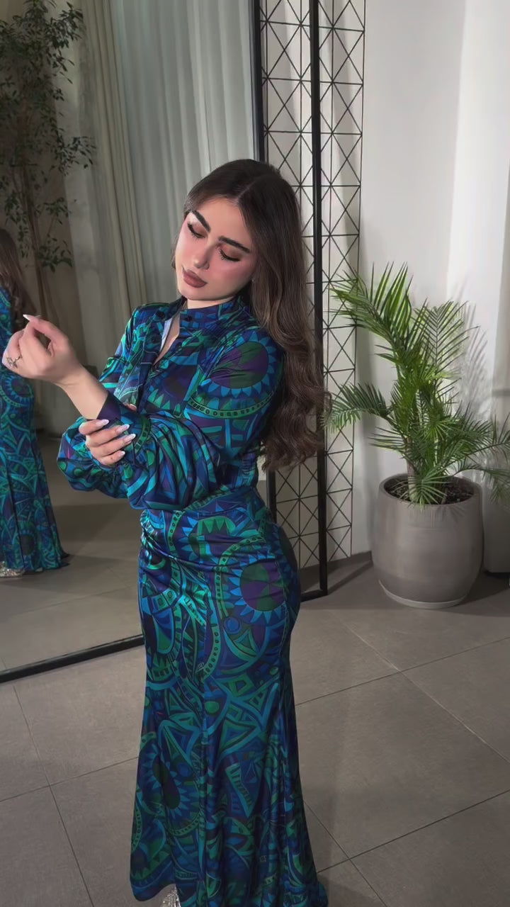 Nadia Geometric‑Print Belted Mermaid Maxi Dress