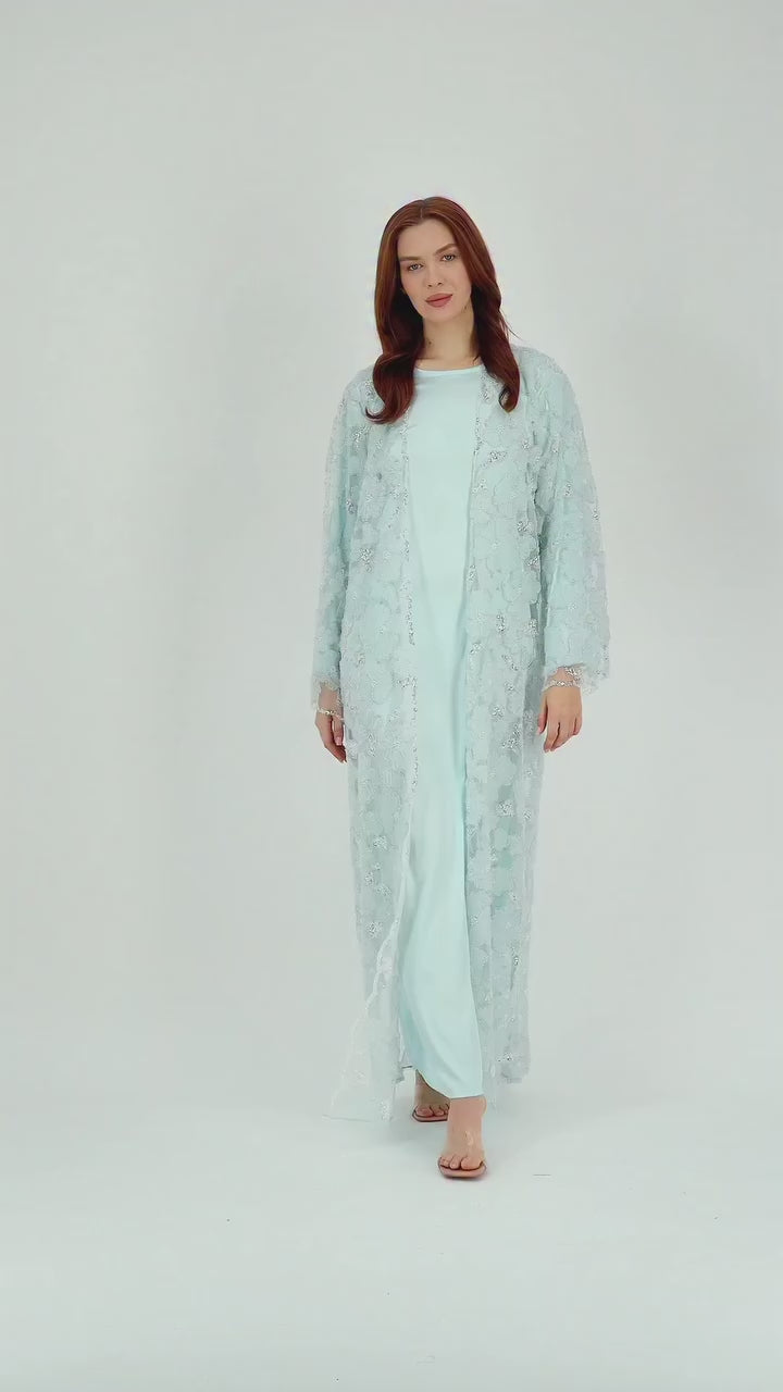 Hand-Beaded Floral Mesh Abaya Two-Piece Set-Green