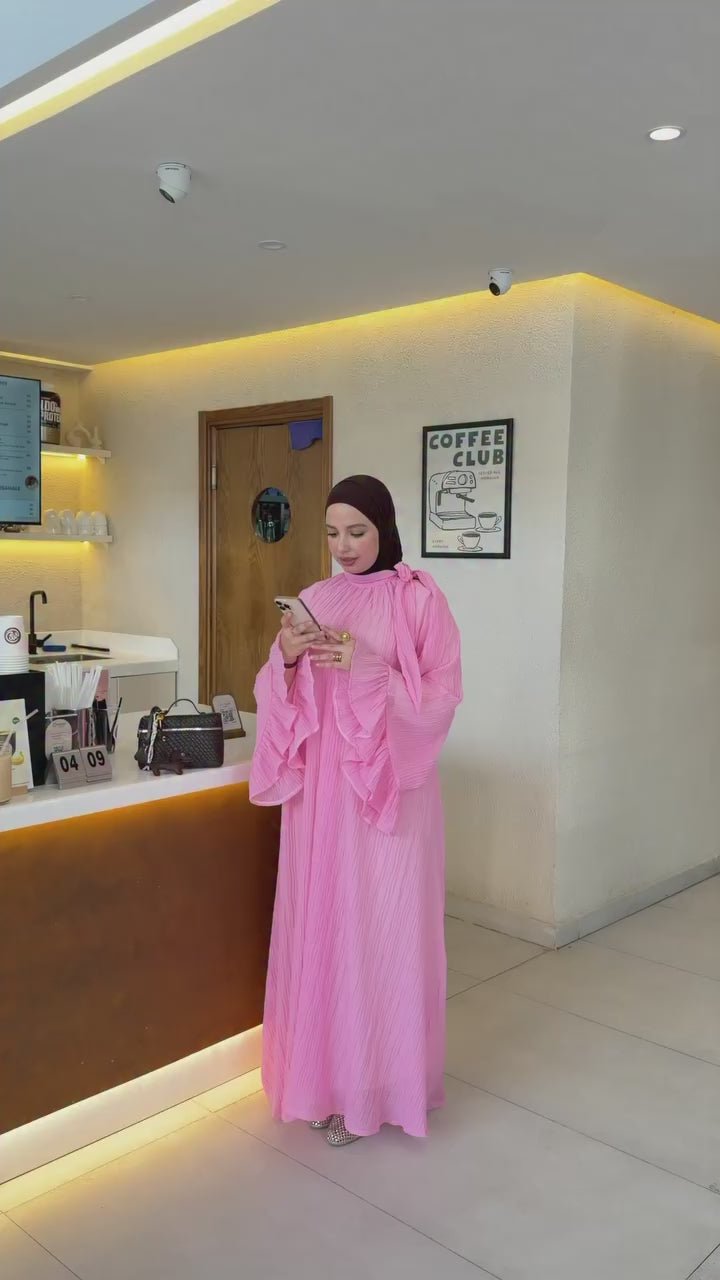 Rania Pleated Tie Neck Flare Sleeve Abaya-Pink