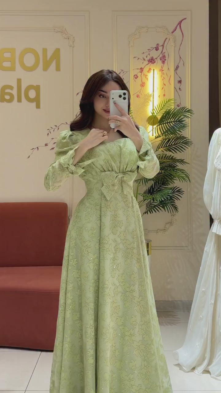 Elara Bow Floral Puff Sleeve Midi-Green