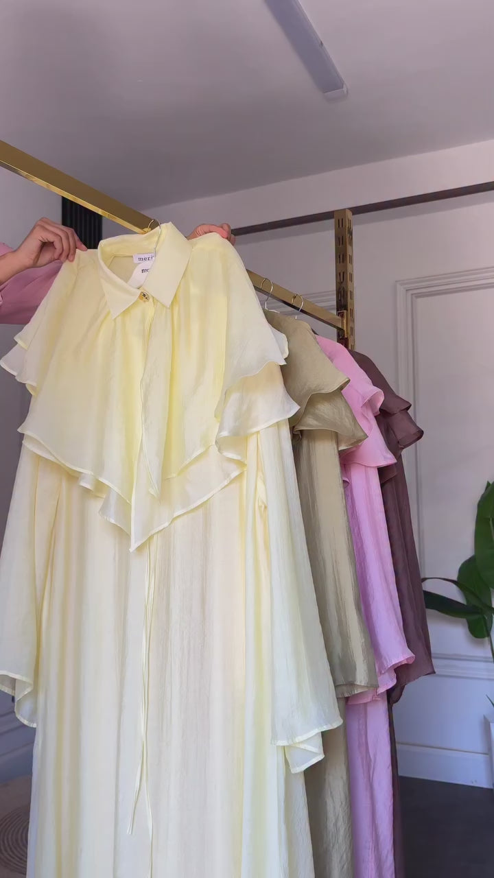 Tiered Ruffle Collar Lustrous Maxi Dress-Yellow
