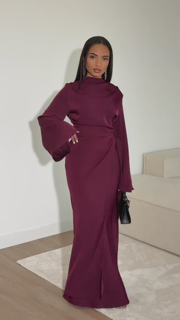 Amal Draped Wrap Belt Satin Maxi Dress