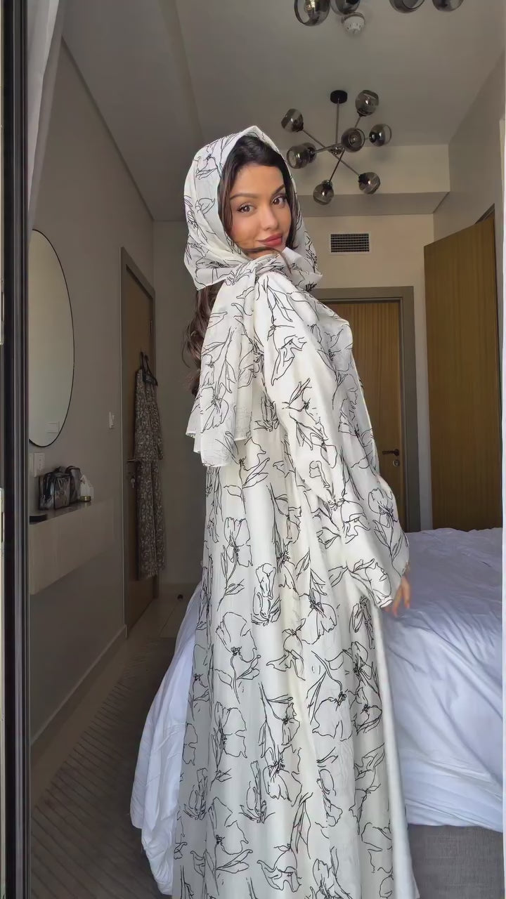Line Art Floral Print Open Abaya & Matching Hijab Two-Piece Set