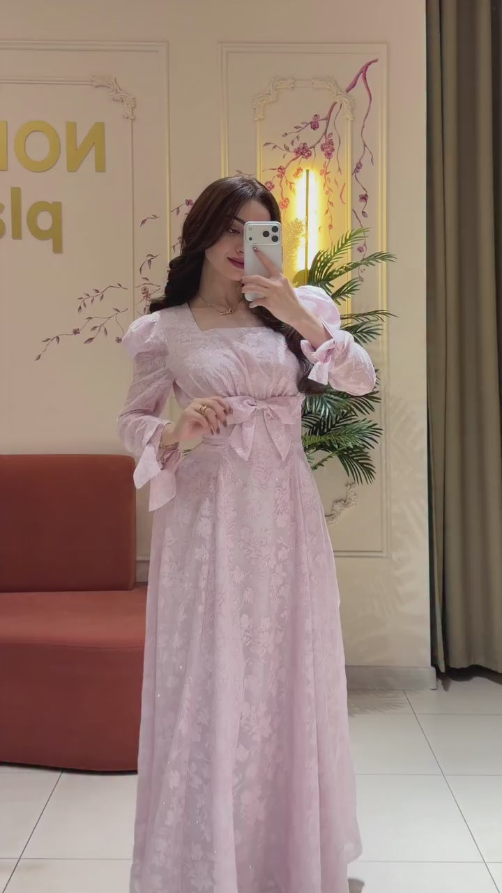 Elara Bow Floral Puff Sleeve Midi-Pink