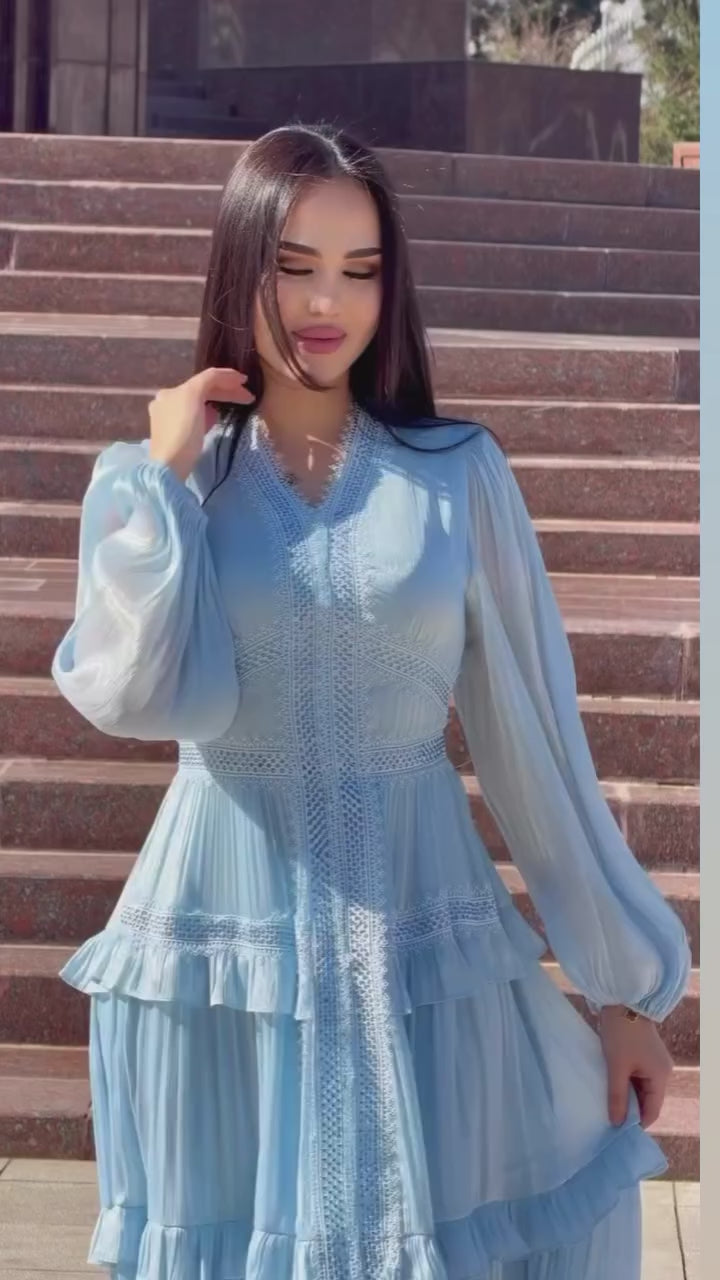 Luxury Rhinestone Embellished V-Neck Lace Patchwork Maxi Dress-Blue