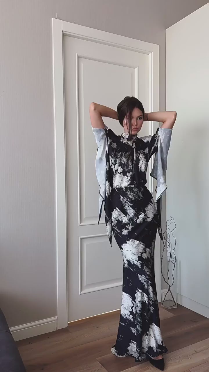 Maya Tie Neck Abstract Print Flare Sleeve Maxi Dress