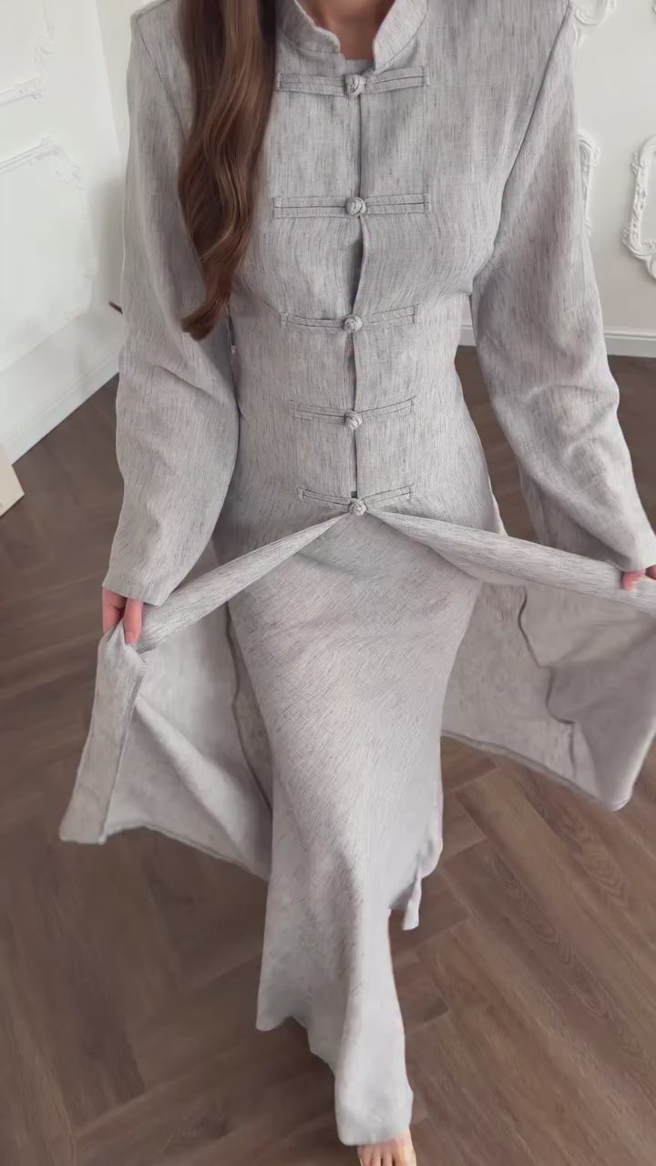 Hannah Mandarin Collar Frog Buttoned Set-Taupe