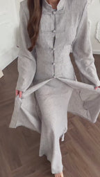Hannah Mandarin Collar Frog Buttoned Set-Taupe