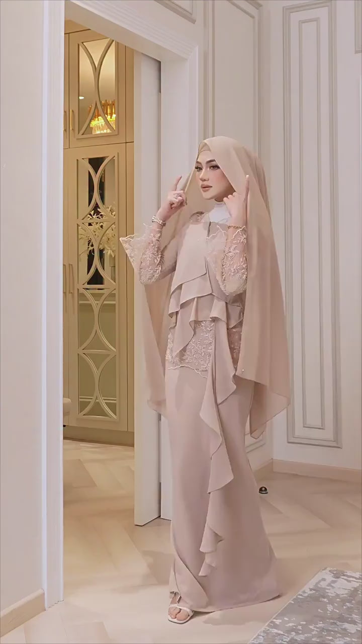 Nude Lace Asymmetric Ruffle Maxi Dress