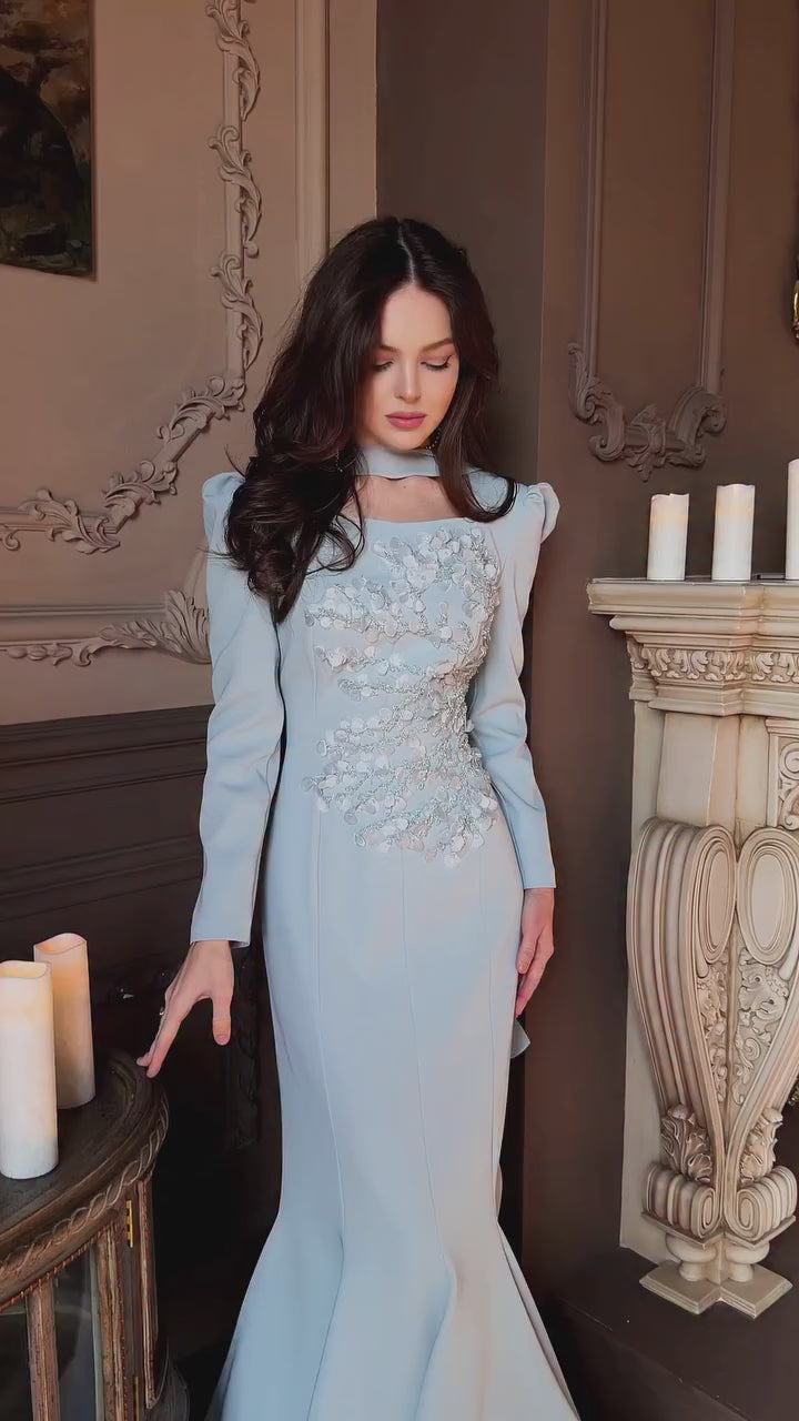 Ivanna 3D Floral Puff Shoulder Mermaid Dress-Blue