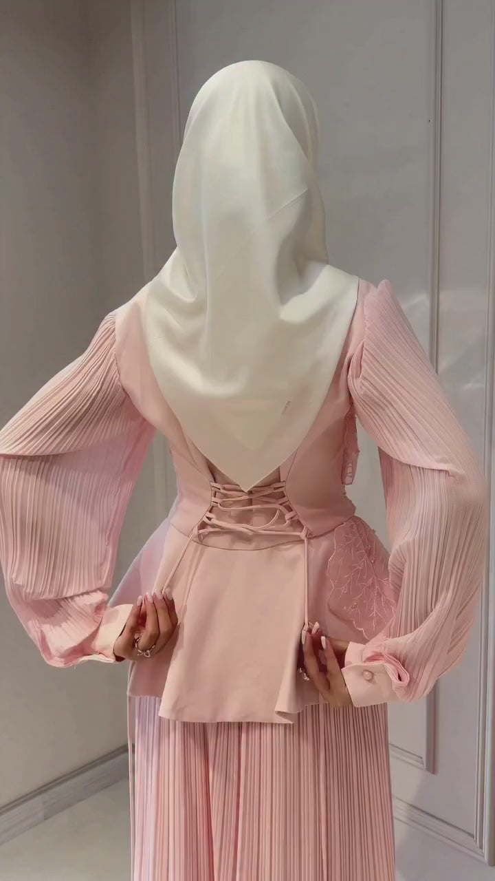 Elena Peplum Pleated Skirt Two Piece Set-Pink