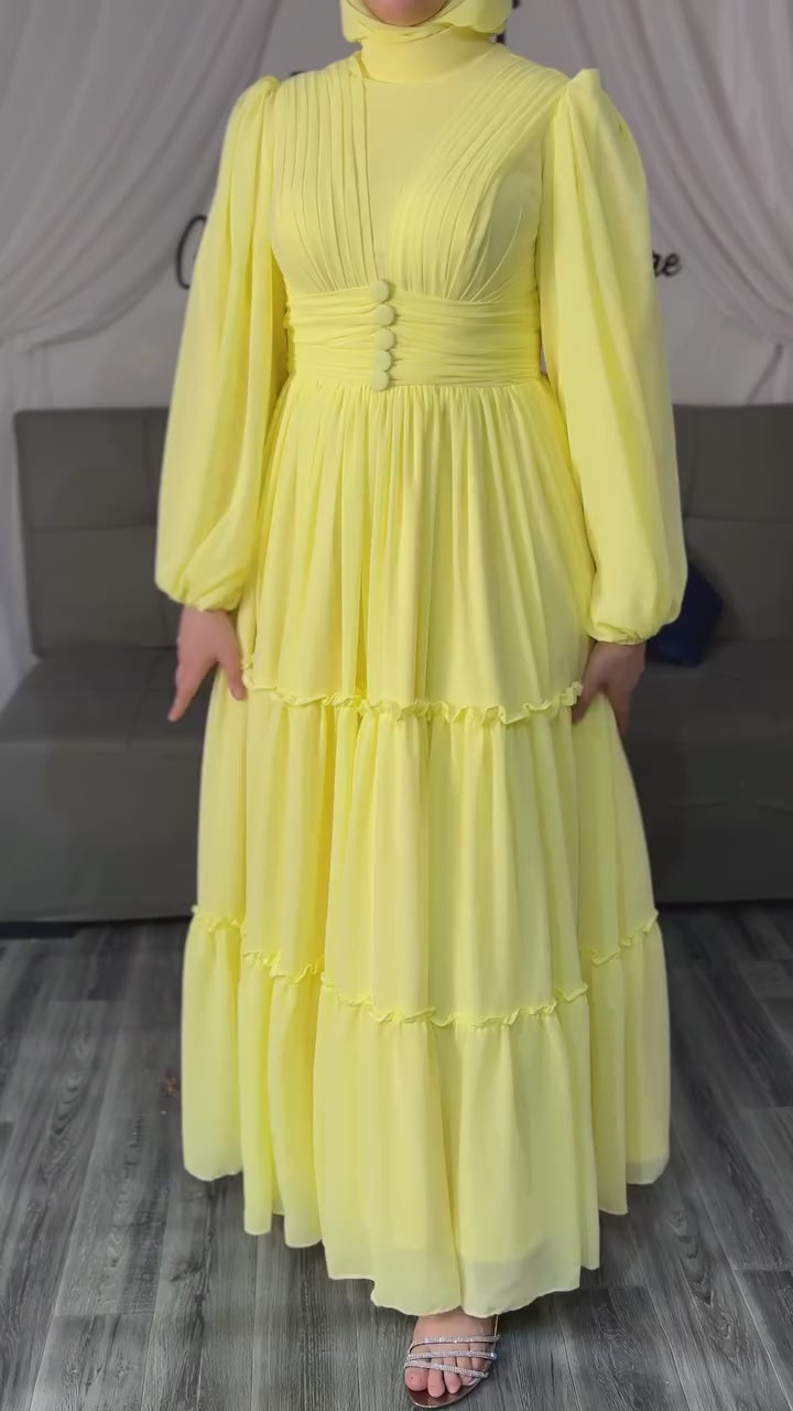 Sofia Pleated Waist Tiered Chiffon Gown