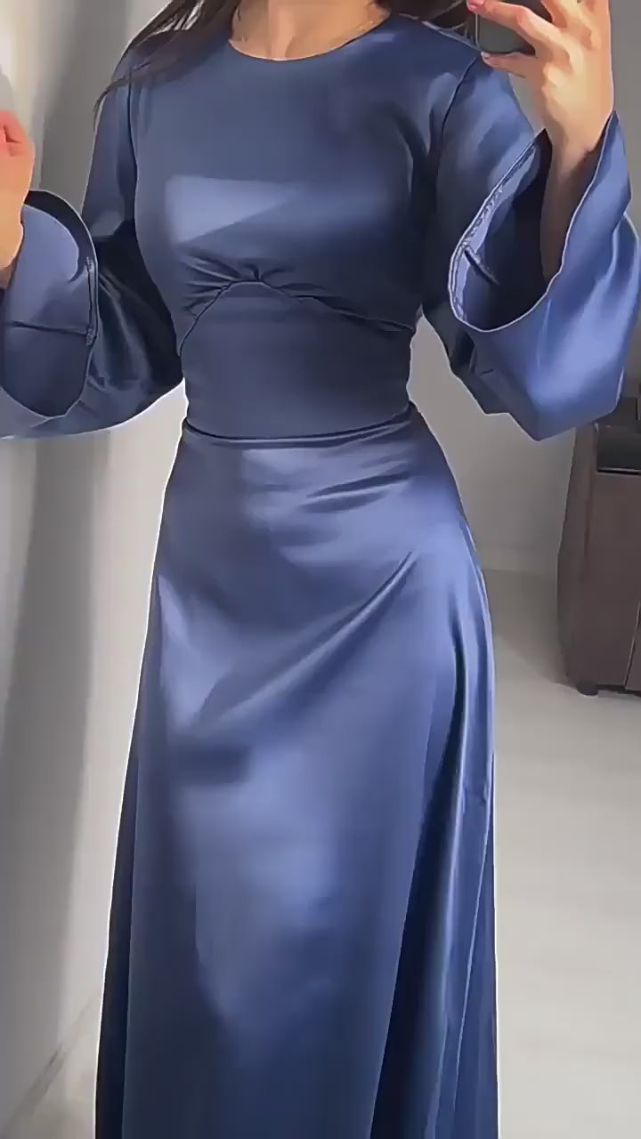 Solid Color Cinched Tie-Waist Slimming Long Sleeve Maxi Dress-White
