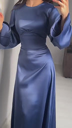 Solid Color Cinched Tie-Waist Slimming Long Sleeve Maxi Dress-White