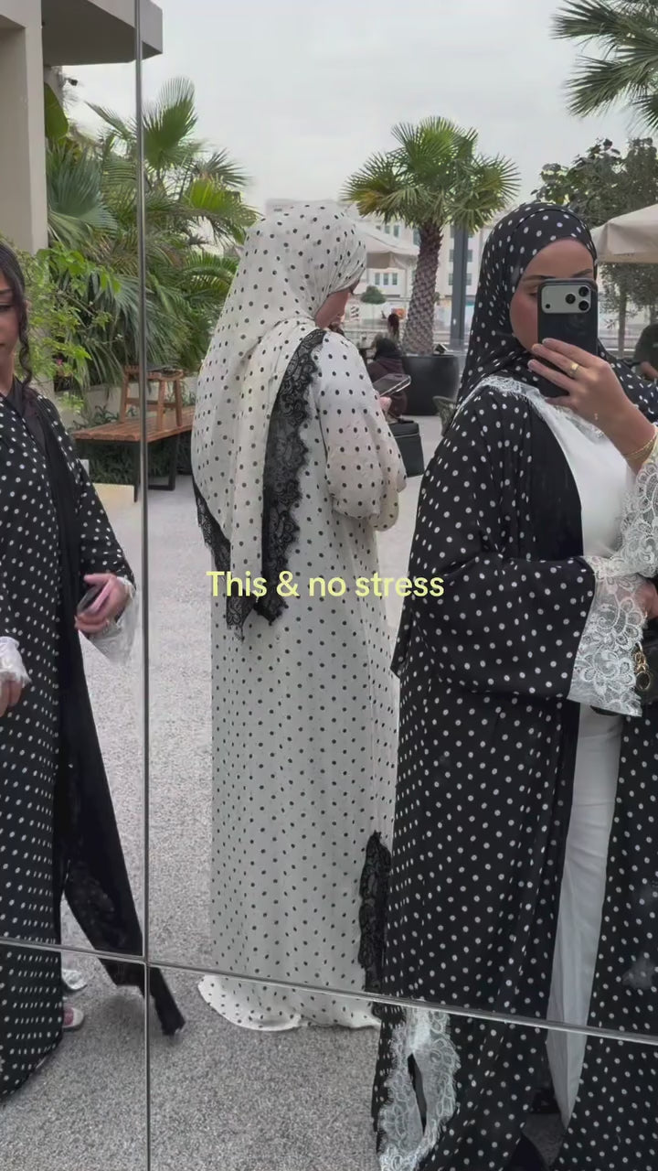 Maryam Polka Dot Lace Trim Open Abaya-White